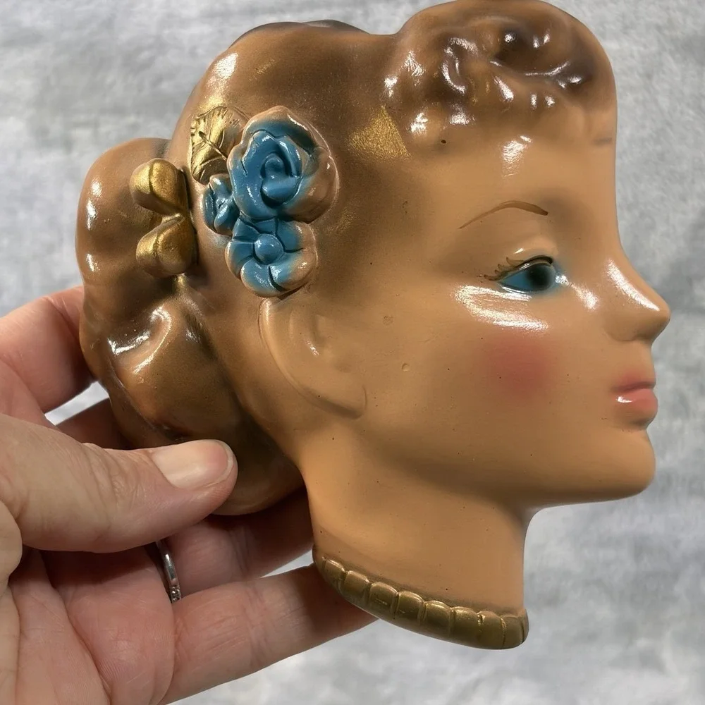 Vintage Wall Plaque Girl With Pony Tail‎ Head Vase. Bow On Her Neck Blue Eyes